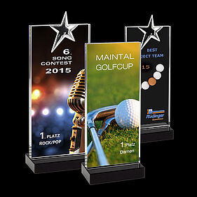 Glas-Trophie 32 + 33 mit Stern mit Farbdruck